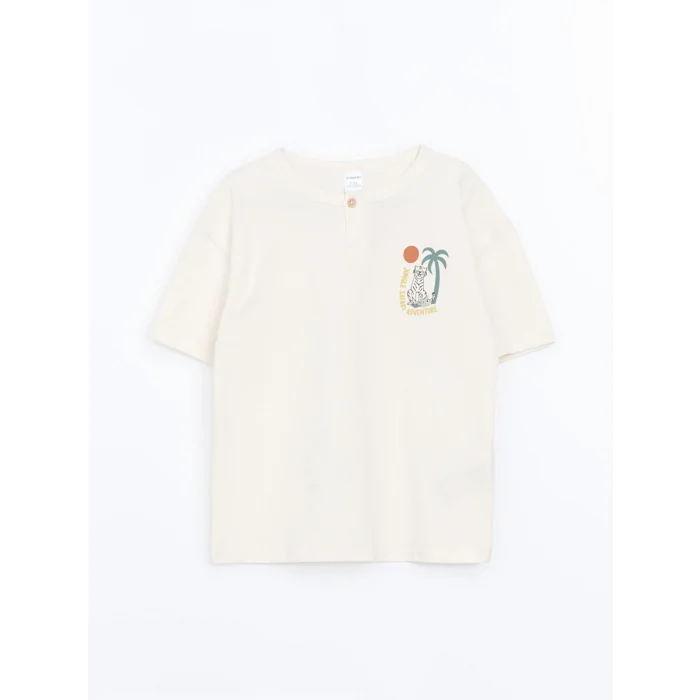 LCW Kids Bej Bisiklet Yaka Baskılı Erkek Çocuk Tişört