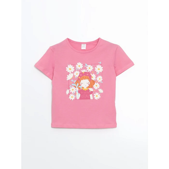 LCW Kids Pembe Bisiklet Yaka Baskılı Kız Çocuk Tişört