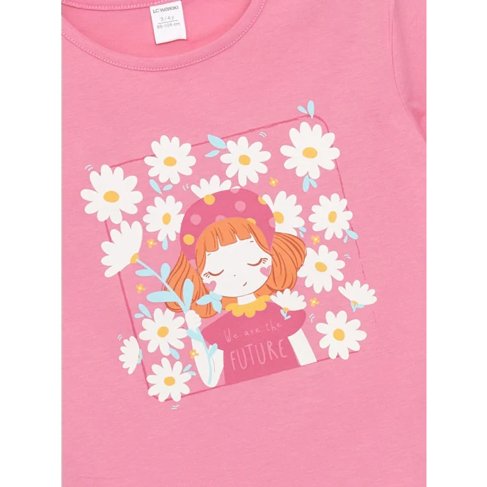 LCW Kids Pembe Bisiklet Yaka Baskılı Kız Çocuk Tişört