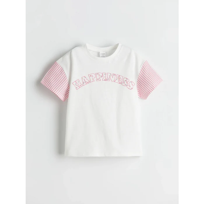 LCW Kids Ekru Bisiklet Yaka Baskılı Kız Çocuk Tişört