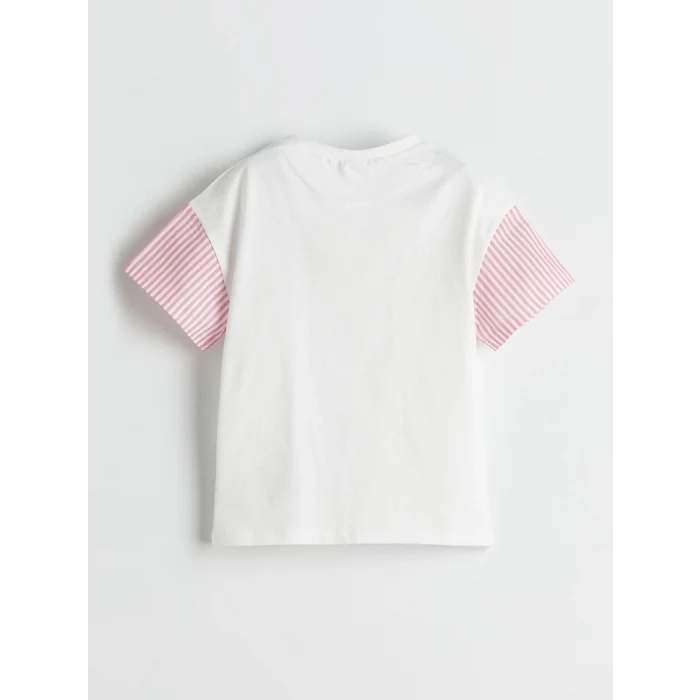 LCW Kids Ekru Bisiklet Yaka Baskılı Kız Çocuk Tişört