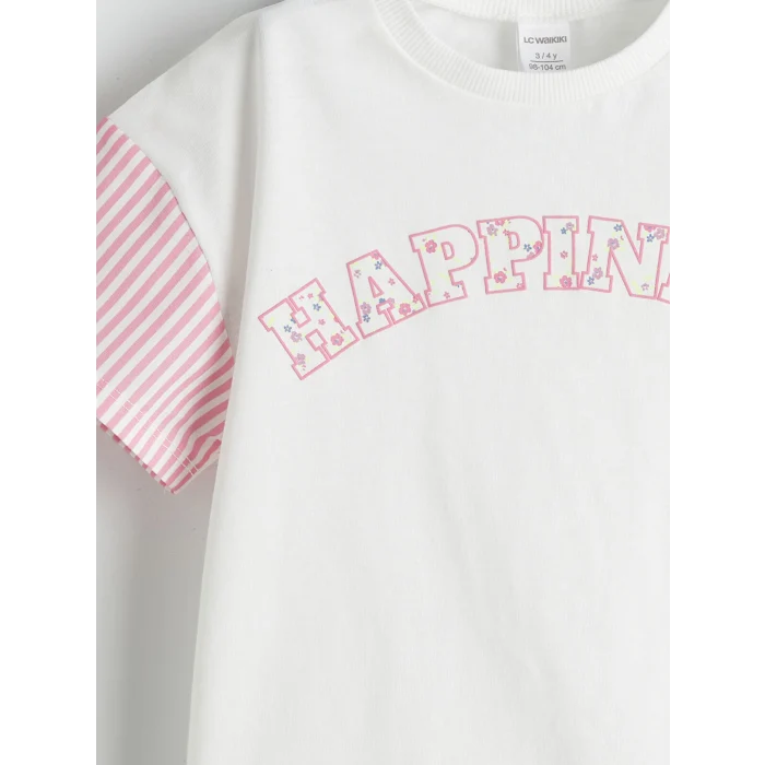 LCW Kids Ekru Bisiklet Yaka Baskılı Kız Çocuk Tişört