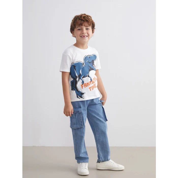 LCW Kids Yeşil Bisiklet Yaka Çizgili Erkek Çocuk Tişört