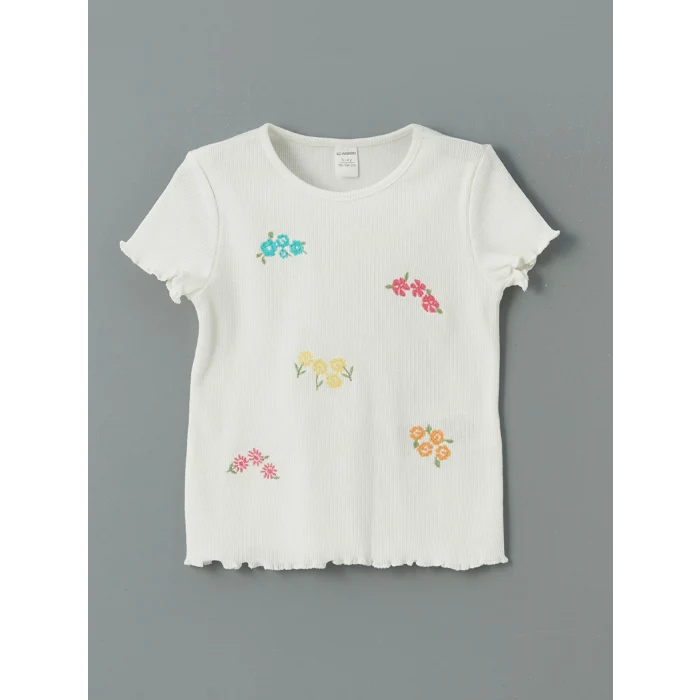 LCW Kids Beyaz Bisiklet Yaka Çiçekli Kız Çocuk Tişört