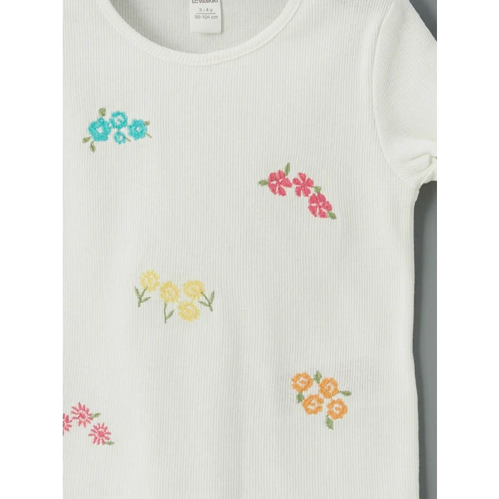 LCW Kids Beyaz Bisiklet Yaka Çiçekli Kız Çocuk Tişört