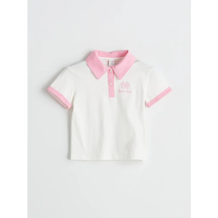 LCW Kids Ekru Polo Yaka Nakışlı Penye Kız Çocuk Tişört