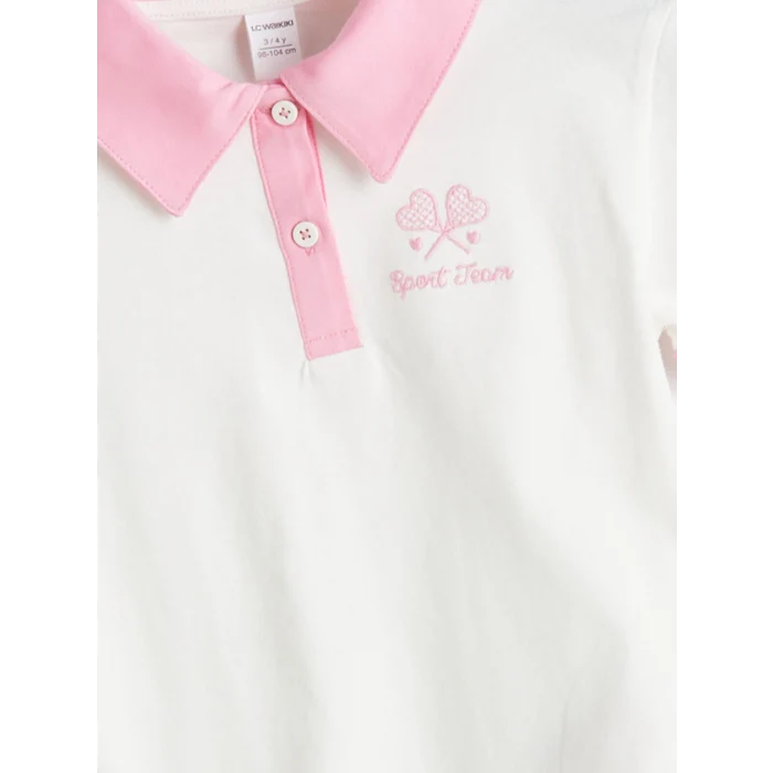 LCW Kids Ekru Polo Yaka Nakışlı Penye Kız Çocuk Tişört