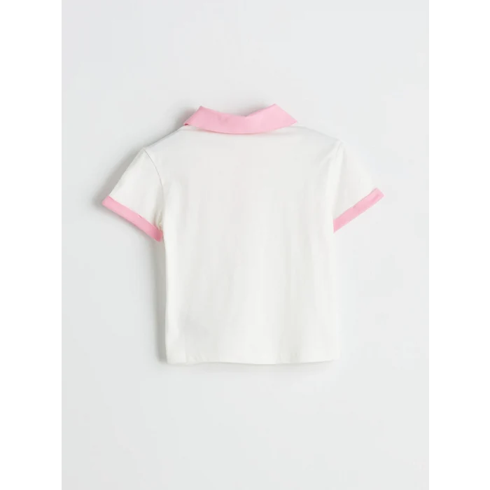 LCW Kids Ekru Polo Yaka Nakışlı Penye Kız Çocuk Tişört