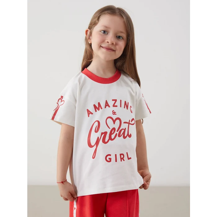 LCW Kids Ekru Bisiklet Yaka Yazı Baskılı Kız Çocuk Tişört