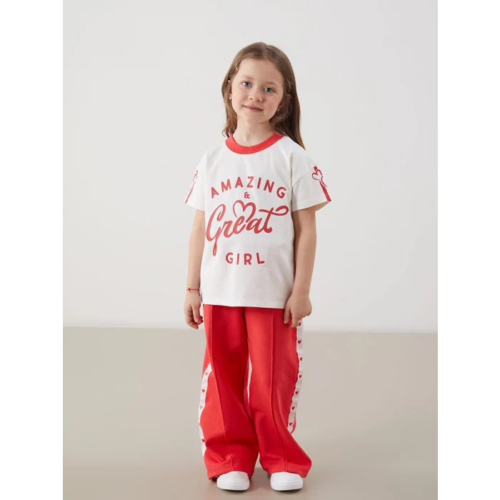 LCW Kids Ekru Bisiklet Yaka Yazı Baskılı Kız Çocuk Tişört