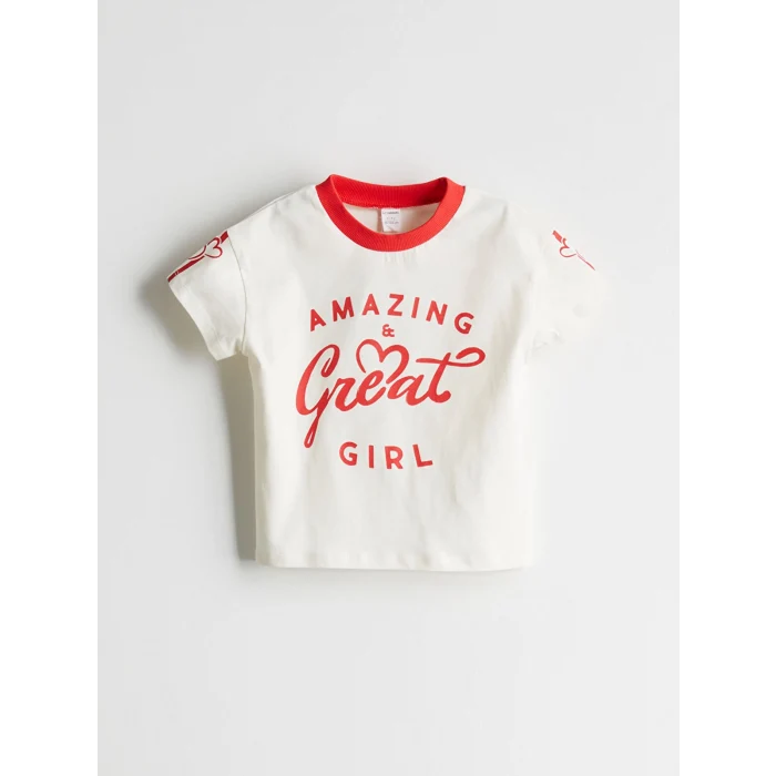 LCW Kids Ekru Bisiklet Yaka Yazı Baskılı Kız Çocuk Tişört