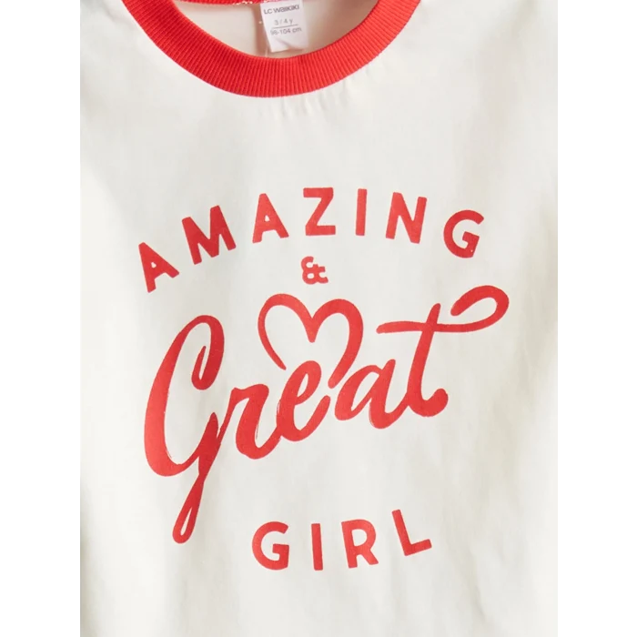 LCW Kids Ekru Bisiklet Yaka Yazı Baskılı Kız Çocuk Tişört