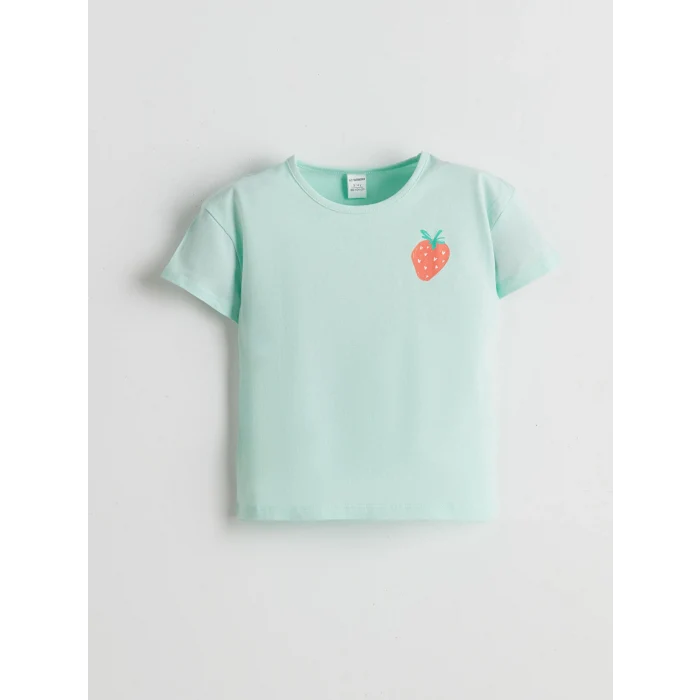 LCW Kids Turkuaz Bisiklet Yaka Baskılı Penye Kız Bebek Tişört