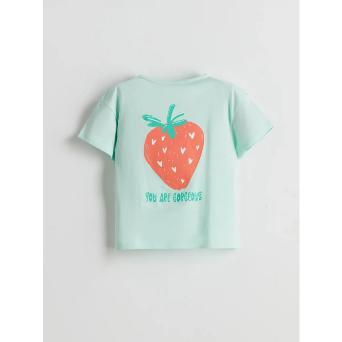 LCW Kids Turkuaz Bisiklet Yaka Baskılı Penye Kız Bebek Tişört