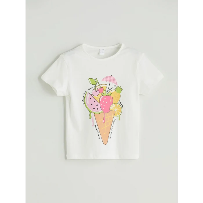 LCW Kids Ekru Bisiklet Yaka Baskılı Kız Çocuk Tişört