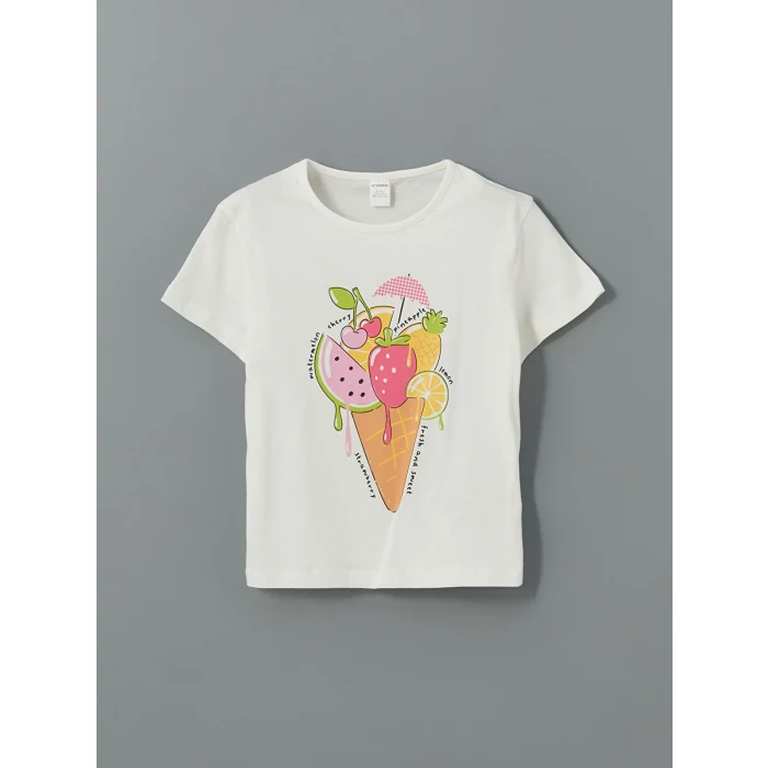 LCW Kids Ekru Bisiklet Yaka Baskılı Kız Çocuk Tişört