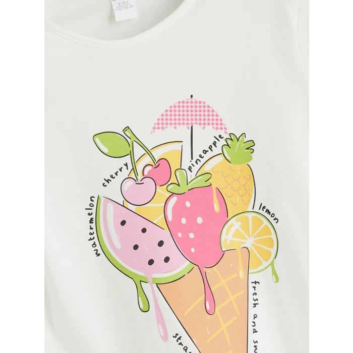 LCW Kids Ekru Bisiklet Yaka Baskılı Kız Çocuk Tişört