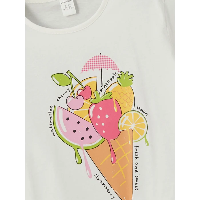 LCW Kids Ekru Bisiklet Yaka Baskılı Kız Çocuk Tişört