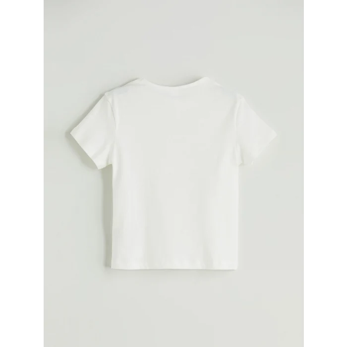 LCW Kids Ekru Bisiklet Yaka Baskılı Kız Çocuk Tişört