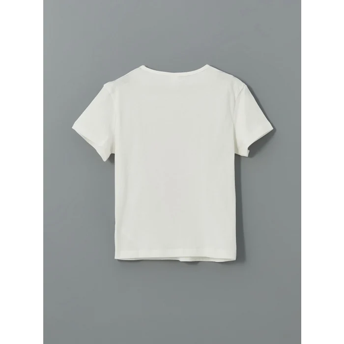 LCW Kids Ekru Bisiklet Yaka Baskılı Kız Çocuk Tişört