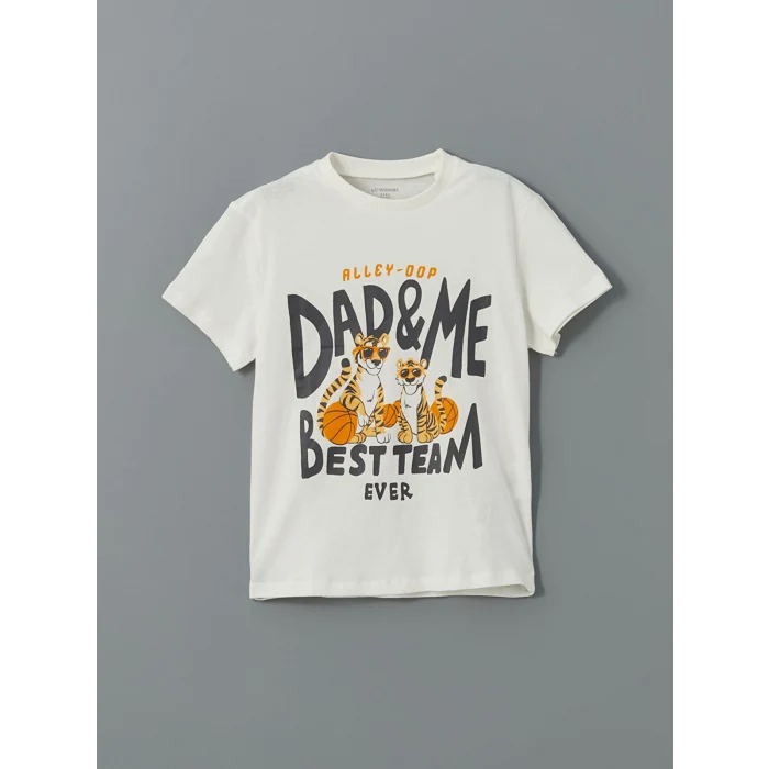 LCW Kids Ekru Bisiklet Yaka Baskılı Penye Erkek Çocuk Tişört