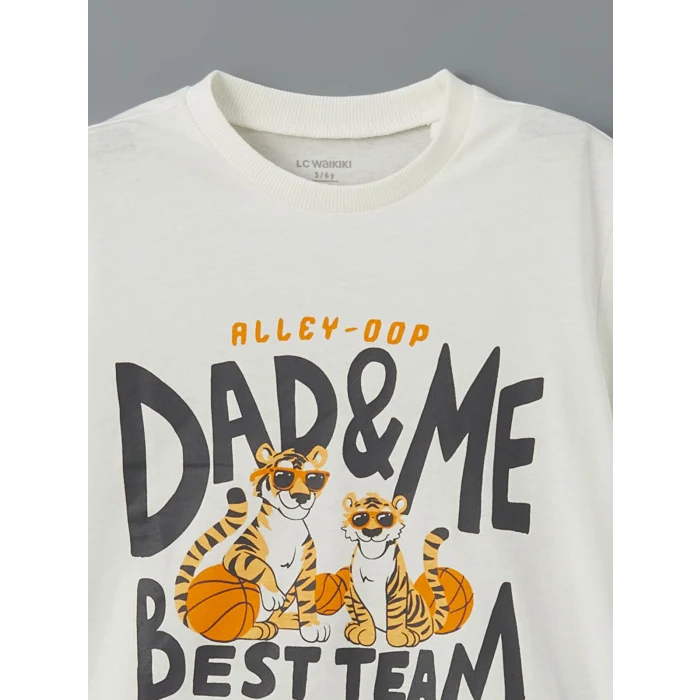 LCW Kids Ekru Bisiklet Yaka Baskılı Penye Erkek Çocuk Tişört