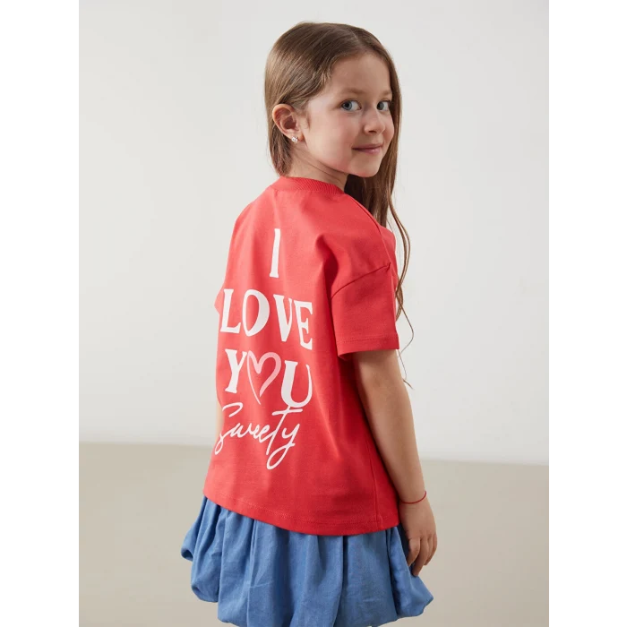 LCW Kids Kırmızı Bisiklet Yaka Baskılı Kız Çocuk Tişört