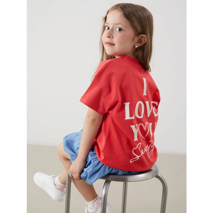 LCW Kids Kırmızı Bisiklet Yaka Baskılı Kız Çocuk Tişört