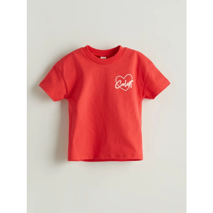 LCW Kids Kırmızı Bisiklet Yaka Baskılı Kız Çocuk Tişört