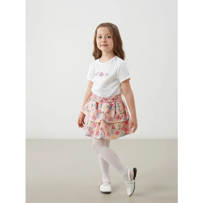 LCW Kids Ekru Bisiklet Yaka Nakışlı Kız Çocuk Tişört