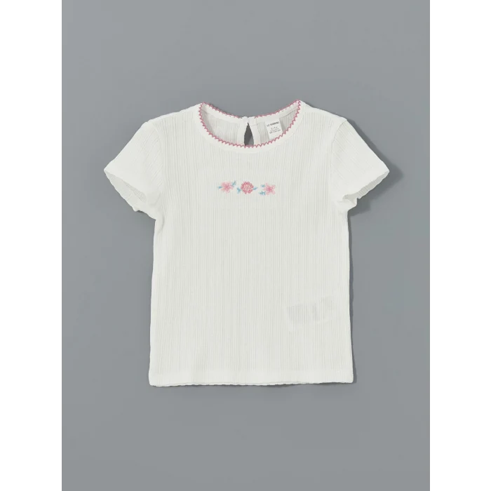 LCW Kids Ekru Bisiklet Yaka Nakışlı Kız Çocuk Tişört