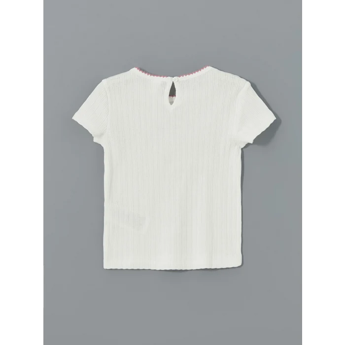 LCW Kids Ekru Bisiklet Yaka Nakışlı Kız Çocuk Tişört