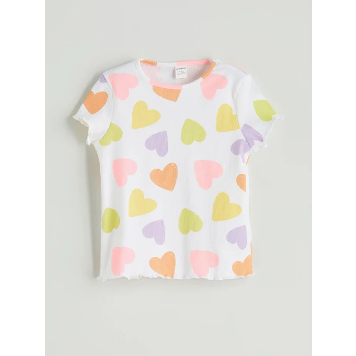 LCW Kids Ekru Kalp Baskılı Fırfırlı Kaşkorse Kız Çocuk Tişört