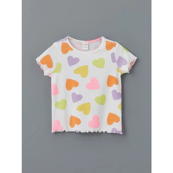 LCW Kids Ekru Kalp Baskılı Fırfırlı Kaşkorse Kız Çocuk Tişört