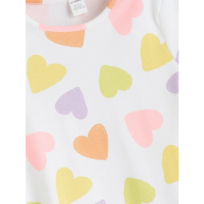 LCW Kids Ekru Kalp Baskılı Fırfırlı Kaşkorse Kız Çocuk Tişört