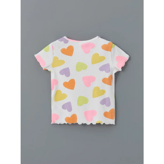 LCW Kids Ekru Kalp Baskılı Fırfırlı Kaşkorse Kız Çocuk Tişört