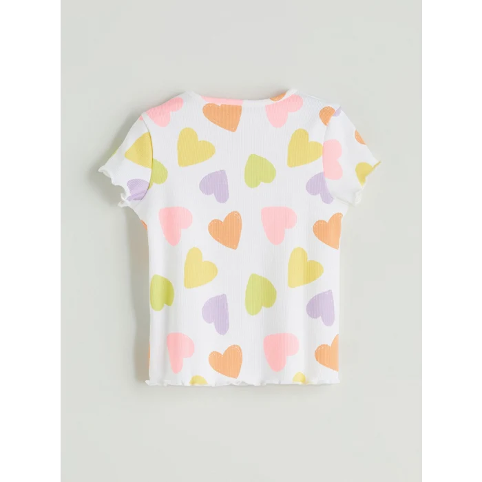 LCW Kids Ekru Kalp Baskılı Fırfırlı Kaşkorse Kız Çocuk Tişört
