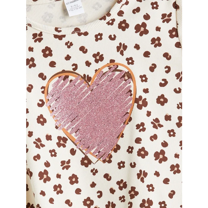 LCW Kids Ekru Bisiklet Yaka Baskılı Kız Çocuk Tişört