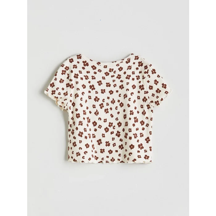 LCW Kids Ekru Bisiklet Yaka Baskılı Kız Çocuk Tişört