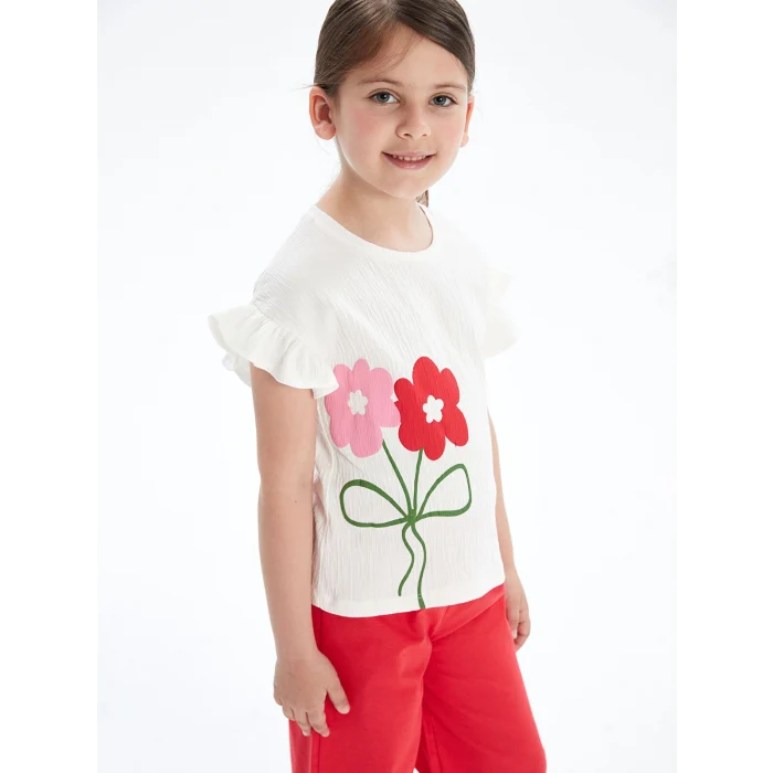 LCW Kids Beyaz Bisiklet Yaka Çiçekli Kız Çocuk Tişört