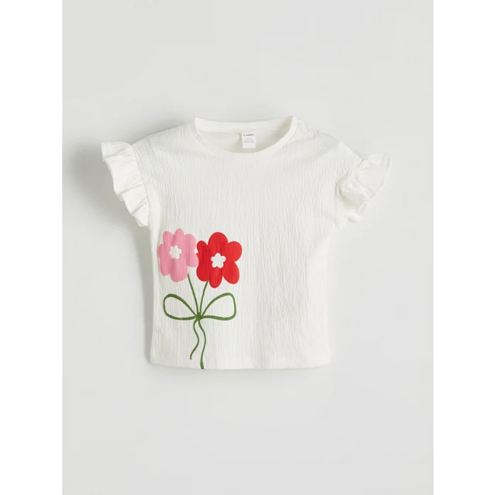 LCW Kids Beyaz Bisiklet Yaka Çiçekli Kız Çocuk Tişört