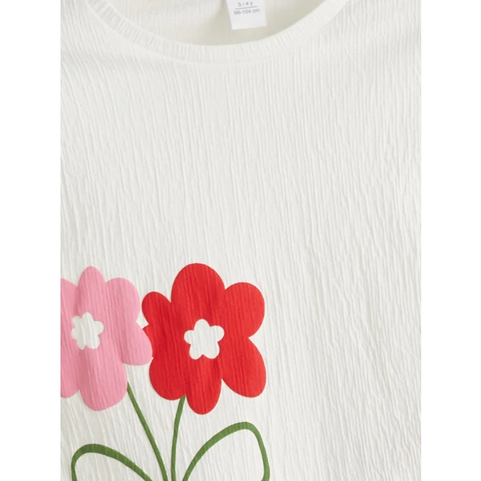 LCW Kids Beyaz Bisiklet Yaka Çiçekli Kız Çocuk Tişört