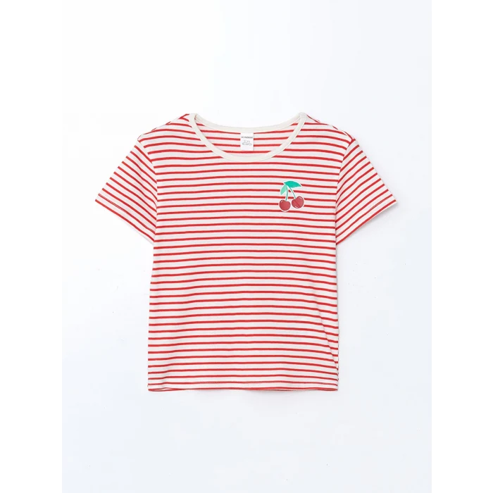 LCW Kids Kırmızı Bisiklet Yaka Çizgili Kız Çocuk Tişört