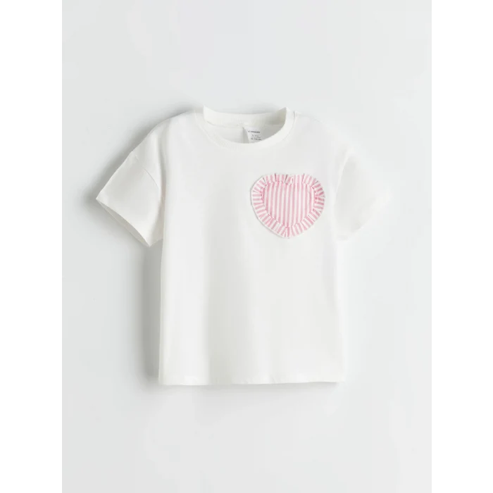 LCW Kids Ekru Bisiklet Yaka Kalpli Desenli Kız Çocuk Tişört