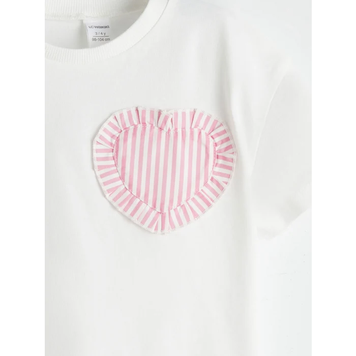 LCW Kids Ekru Bisiklet Yaka Kalpli Desenli Kız Çocuk Tişört