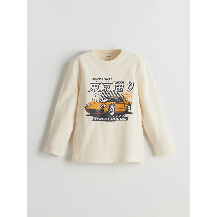 LCW Kids Bej Bisiklet Yaka Baskılı Erkek Bebek Tişört