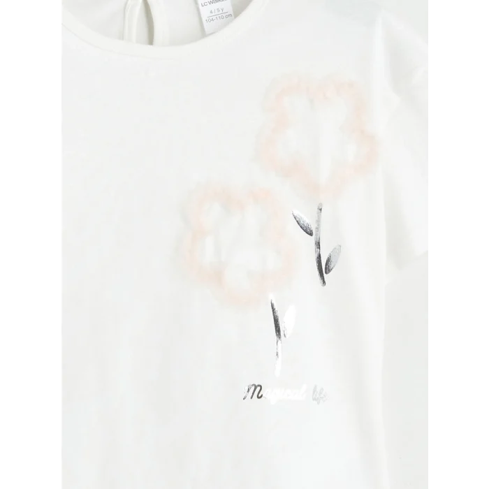 LCW Kids Ekru Bisiklet Yaka Pamuklu Kız Çocuk Tişört