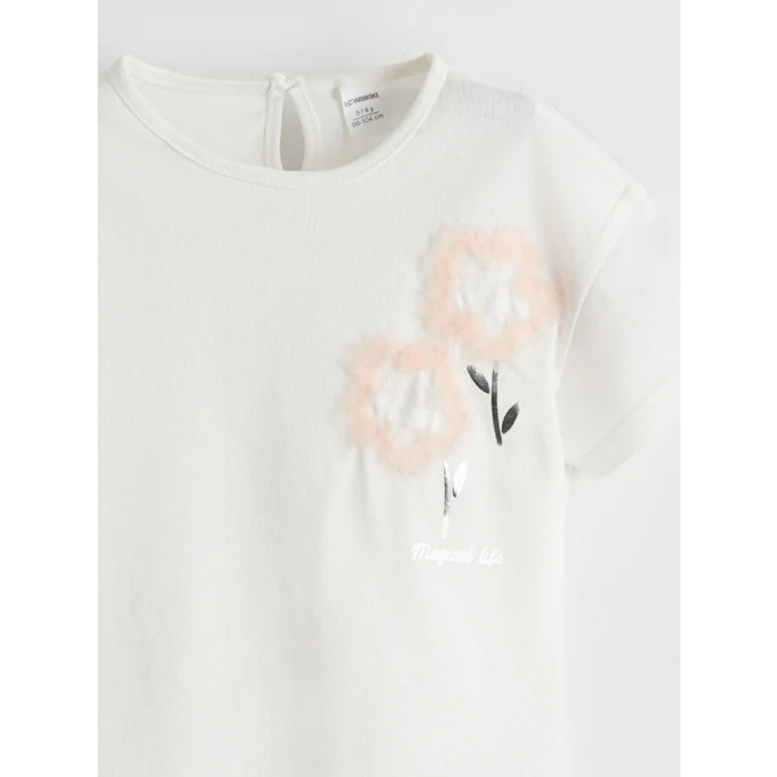 LCW Kids Ekru Bisiklet Yaka Pamuklu Kız Çocuk Tişört
