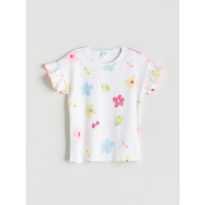 LCW Kids Beyaz Bisiklet Yaka Çiçekli Kız Çocuk Tişört