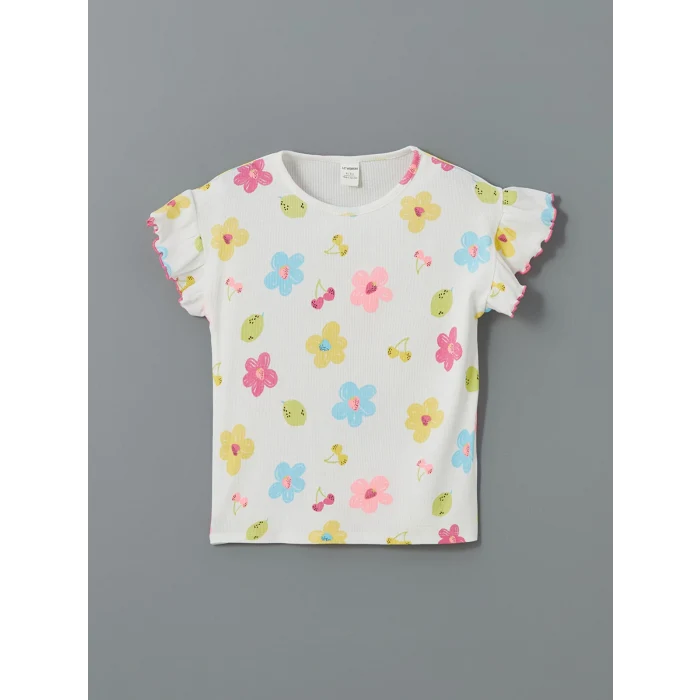 LCW Kids Beyaz Bisiklet Yaka Çiçekli Kız Çocuk Tişört